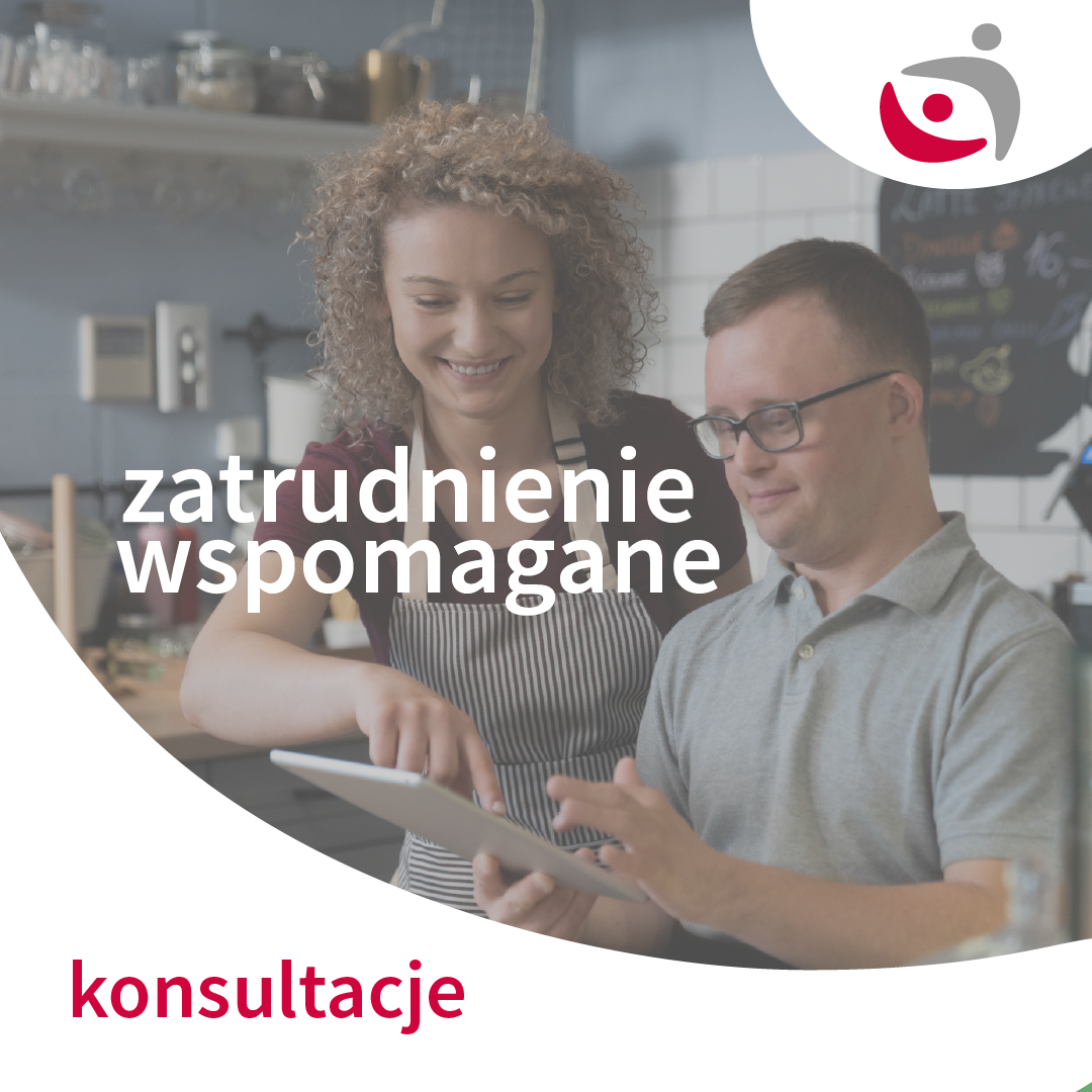 Grafika ilustracyjna przedstawiająca osobę z niepełnosprawnością wspieraną w miejscu pracy