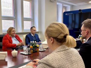 Wiceministra Maja Nowak siedzi przy stole konferencyjnym z przedstawicielami warsztatów terapii zajęciowej. Uczestnicy spotkania prowadzą rozmowę w sali Ministerstwa Rodziny, Pracy i Polityki Społecznej.