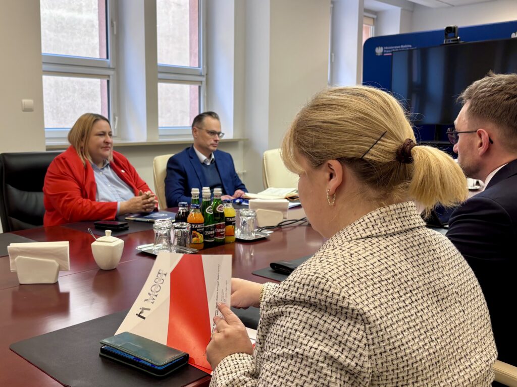 Przy stole konferencyjnym siedzi wiceministra Maja Nowak wraz z przedstawicielami warsztatów terapii zajęciowej. Uczestnicy spotkania rozmawiają w trakcie posiedzenia w siedzibie MRPiPS.