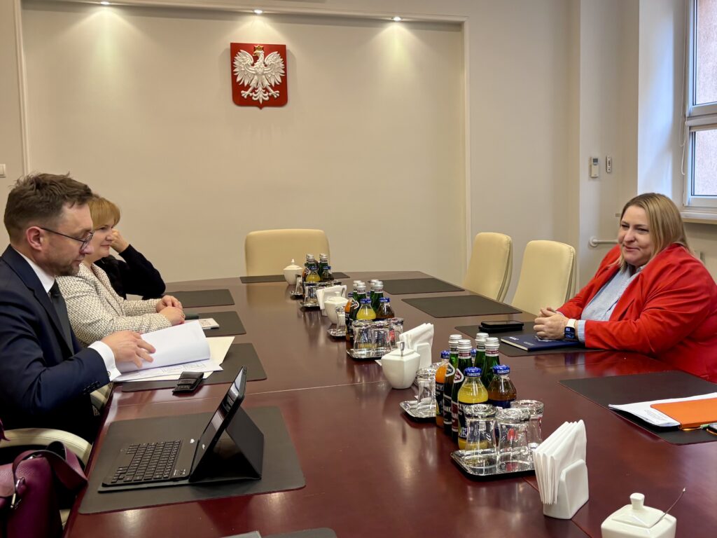 Wiceministra Maja Nowak oraz przedstawiciele warsztatów terapii zajęciowej siedzą przy wspólnym stole podczas spotkania roboczego. Trwa rozmowa dotycząca funkcjonowania warsztatów terapii zajęciowej.