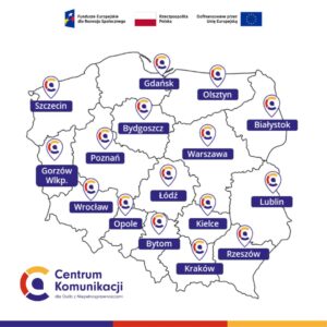 Mapa Polski ze wskazanymi lokalizacjami Regionalnych Centrów Komunikacji OzN