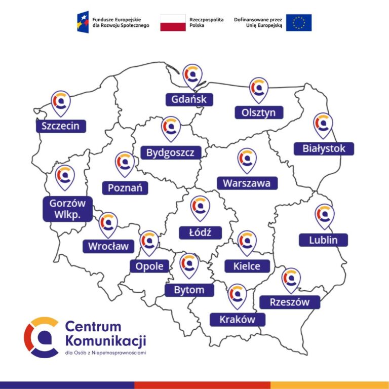 Mapa Polski ze wskazanymi lokalizacjami Regionalnych Centrów Komunikacji OzN