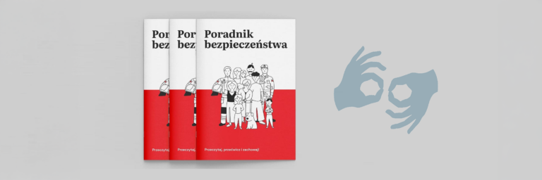 Na szarym tle trzy biało-czerwone okładki Poradnika bezpieczeństwa, obok dwie dłonie w symbolu języka migowego