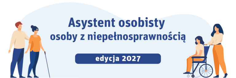 grafika ilustrująca program przedstawia dwie osoby z niepełnosprawnościami oraz ich asystentów.